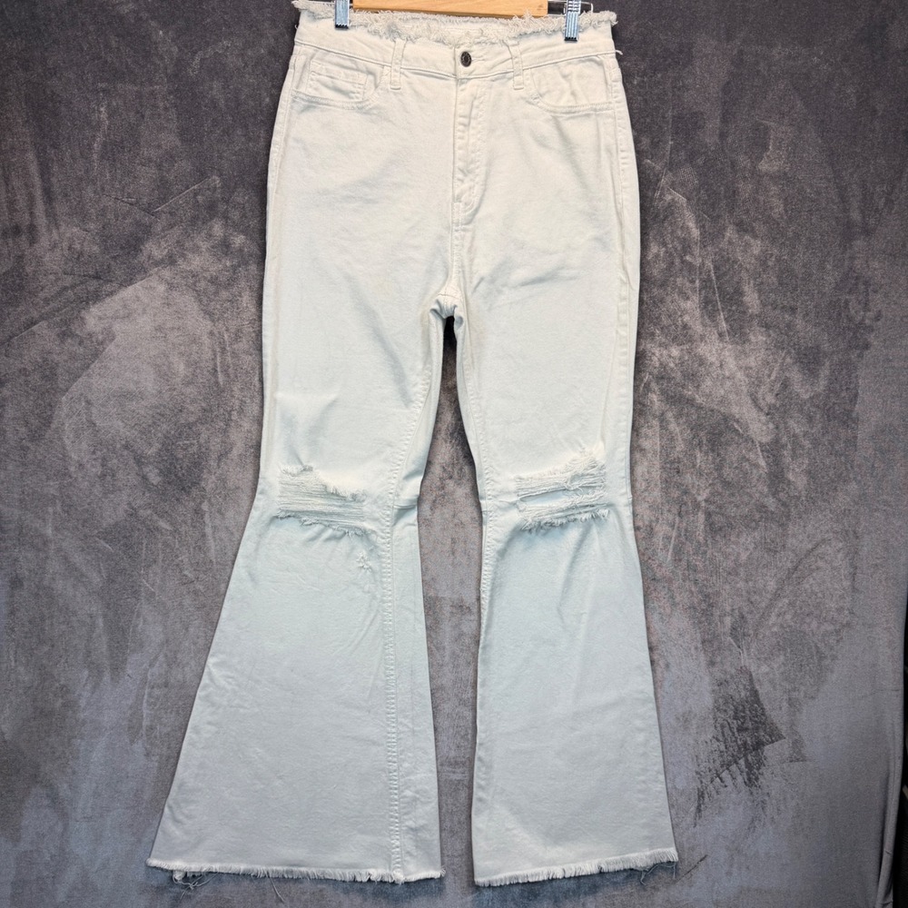 Cello Jeans Women White Flare 9 Distressed High Rise Raw Hem Stretch Denim